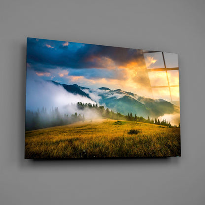 Golden Sunset Meadow Misty Mountains Glass Wall Art