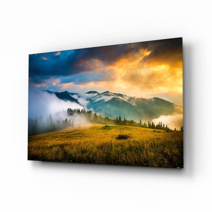 Golden Sunset Meadow Misty Mountains Glass Wall Art