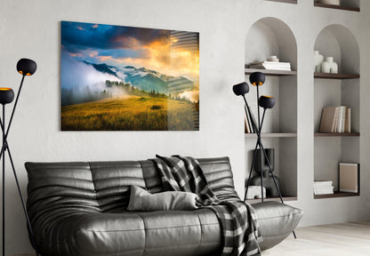 Golden Sunset Meadow Misty Mountains Glass Wall Art