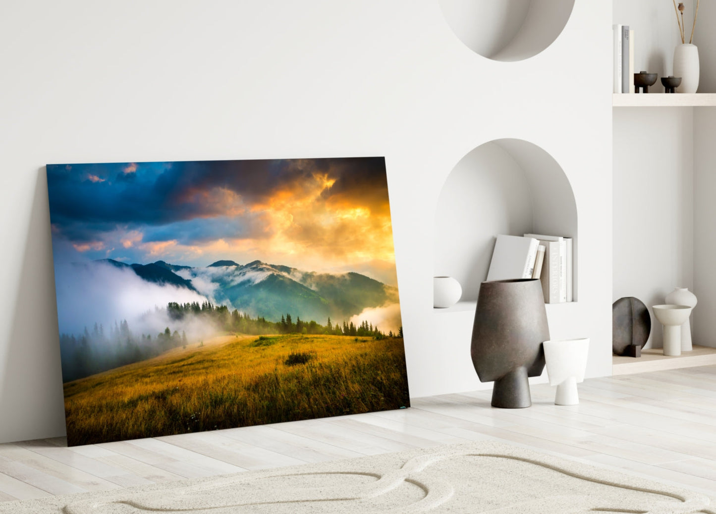 Golden Sunset Meadow Misty Mountains Glass Wall Art