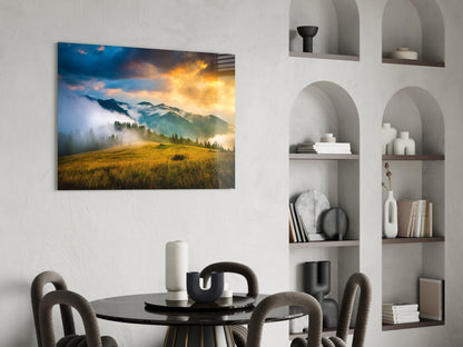 Golden Sunset Meadow Misty Mountains Glass Wall Art