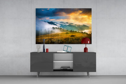 Golden Sunset Meadow Misty Mountains Glass Wall Art