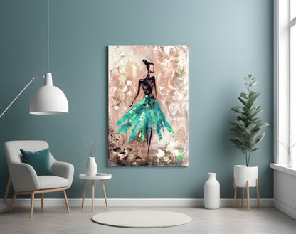 Emerald Gown Dancer on Copper Wall Glass Wall Art