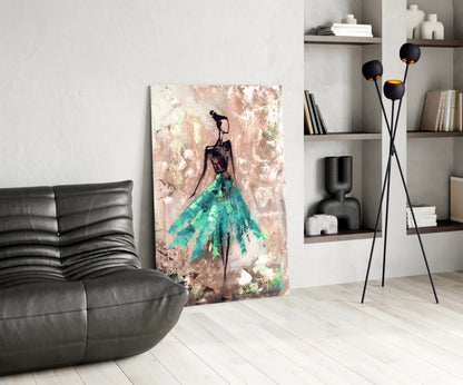 Emerald Gown Dancer on Copper Wall Glass Wall Art