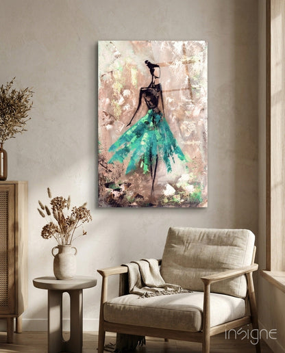 Emerald Gown Dancer on Copper Wall Glass Wall Art