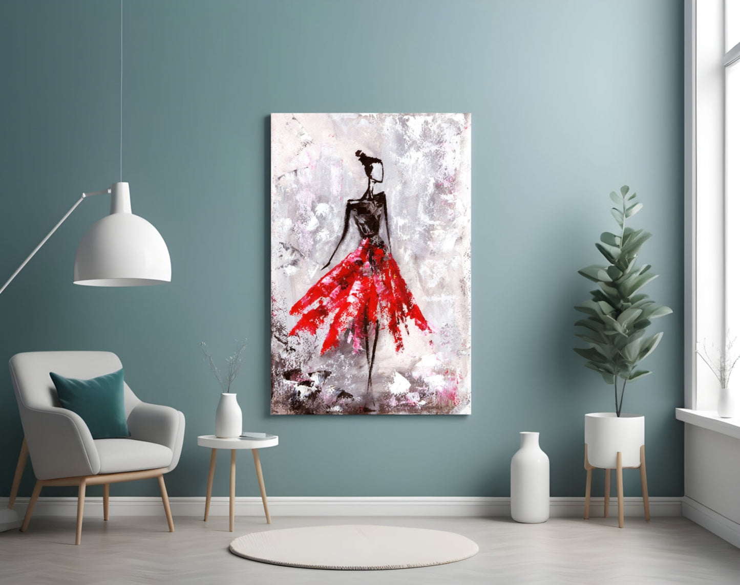 Crimson Petal Dress Slender Dancer Glass Wall Art