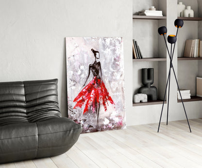 Crimson Petal Dress Slender Dancer Glass Wall Art