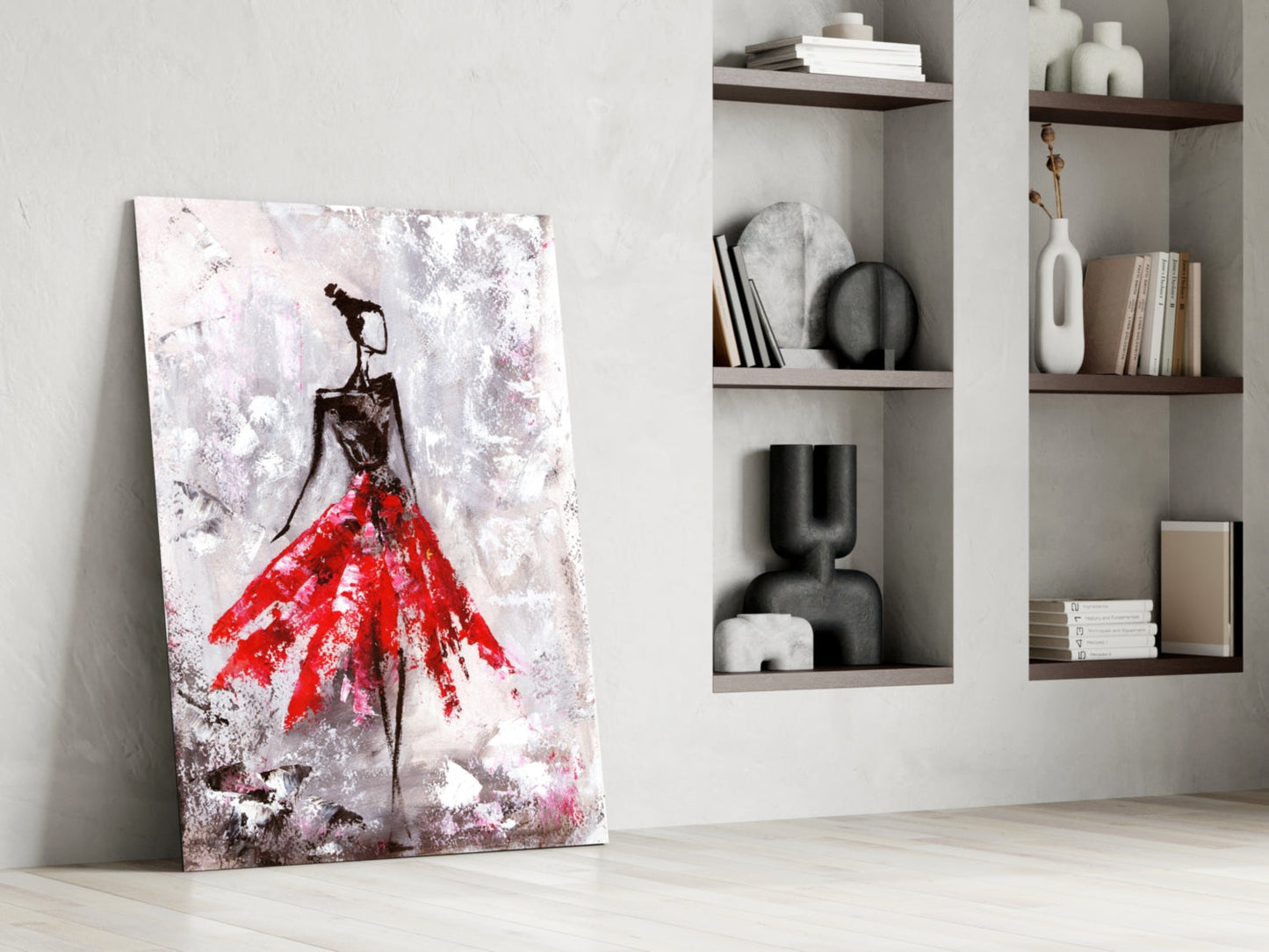 Crimson Petal Dress Slender Dancer Glass Wall Art