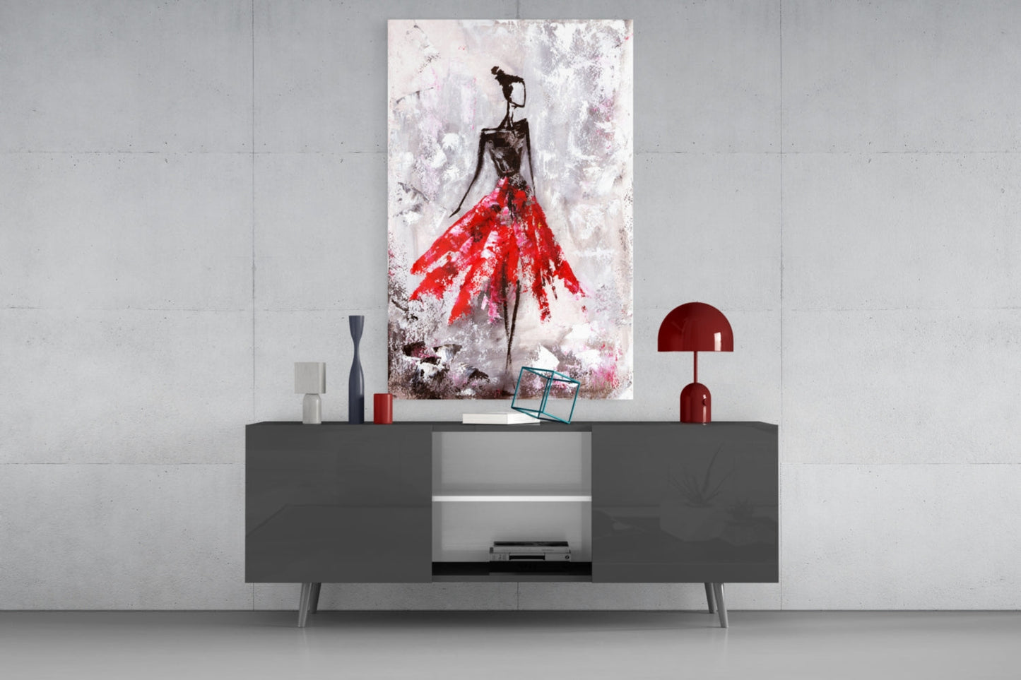 Crimson Petal Dress Slender Dancer Glass Wall Art