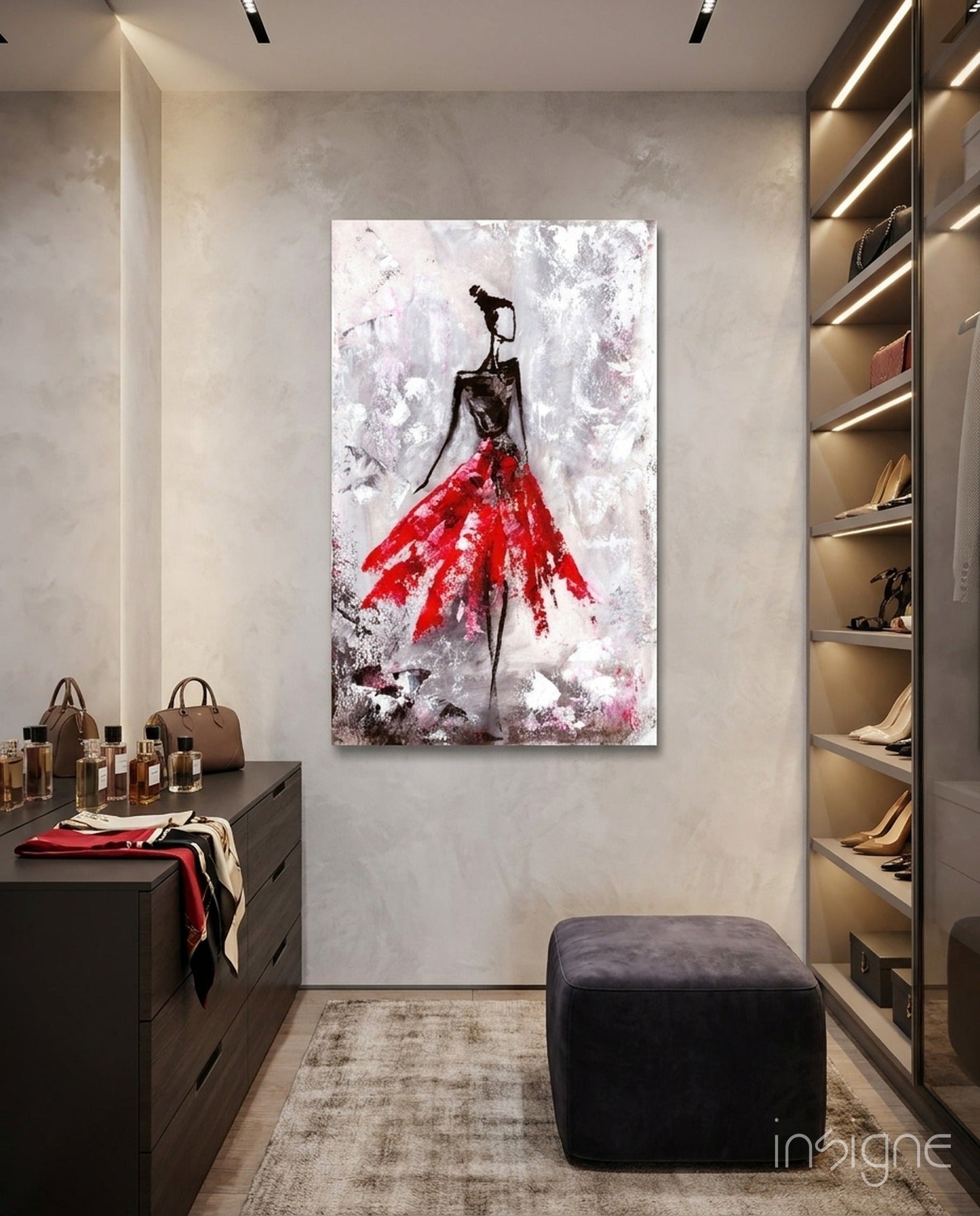 Crimson Petal Dress Slender Dancer Glass Wall Art