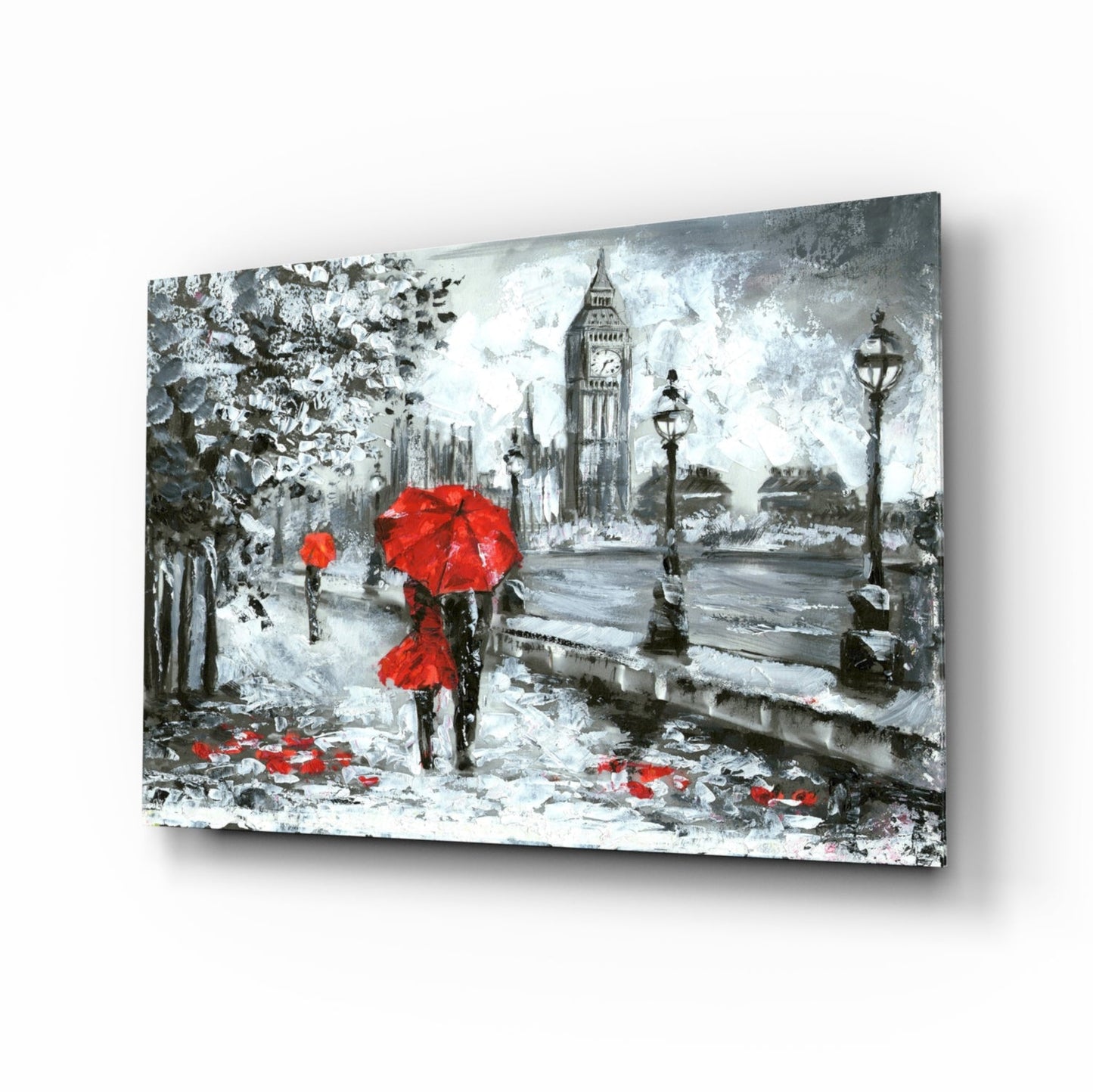 Rainy Riverside Boulevard Red Umbrellas Glass Wall Art