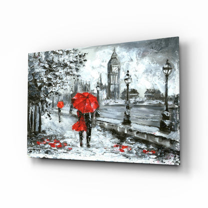 Rainy Riverside Boulevard Red Umbrellas Glass Wall Art