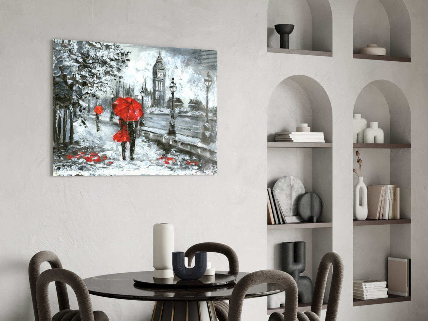 Rainy Riverside Boulevard Red Umbrellas Glass Wall Art