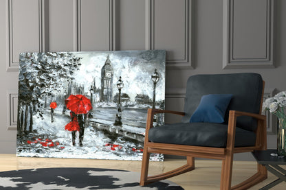 Rainy Riverside Boulevard Red Umbrellas Glass Wall Art