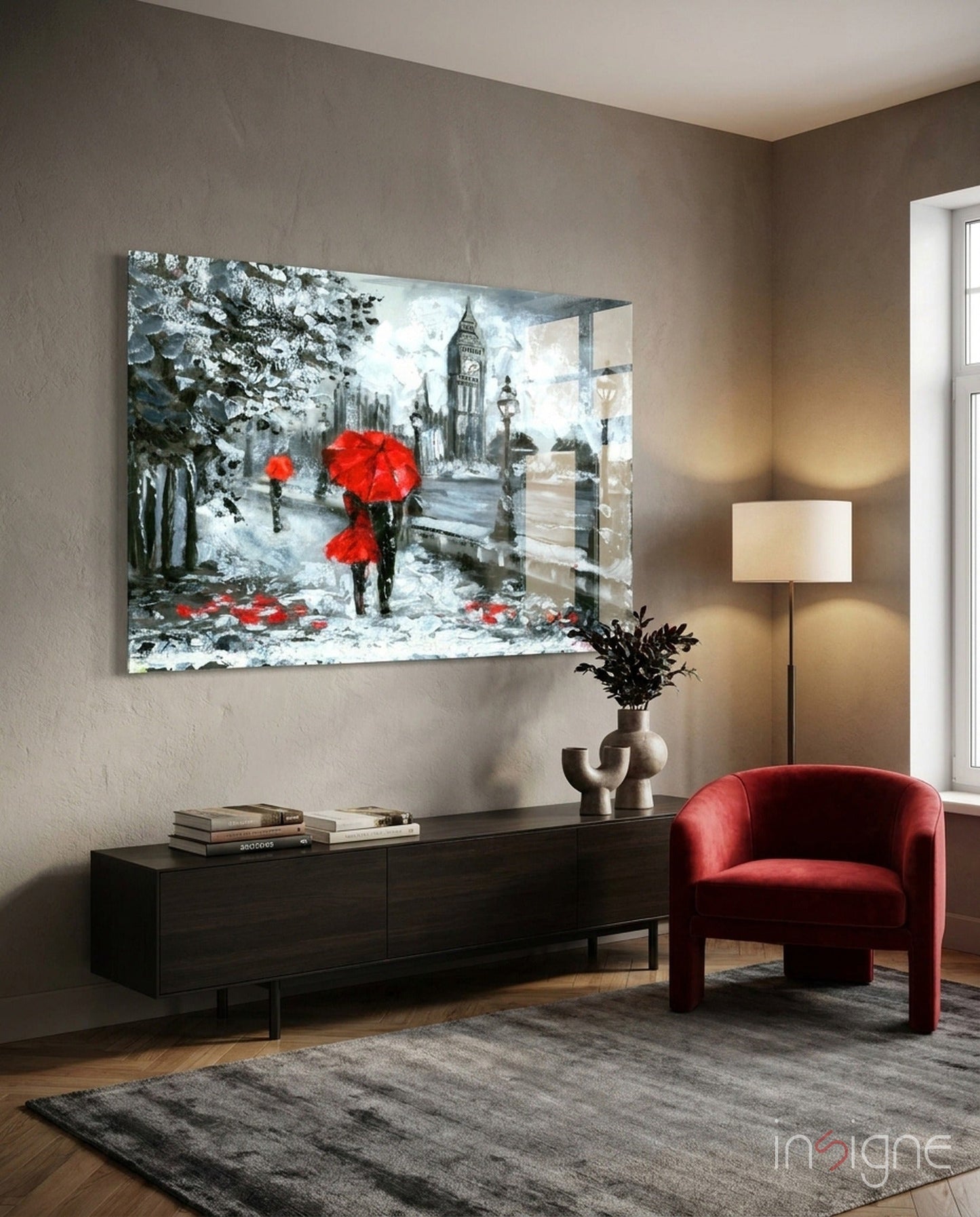 Rainy Riverside Boulevard Red Umbrellas Glass Wall Art