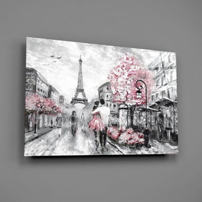 Gray Paris Street Pink Umbrella Couple Glass Wall Art