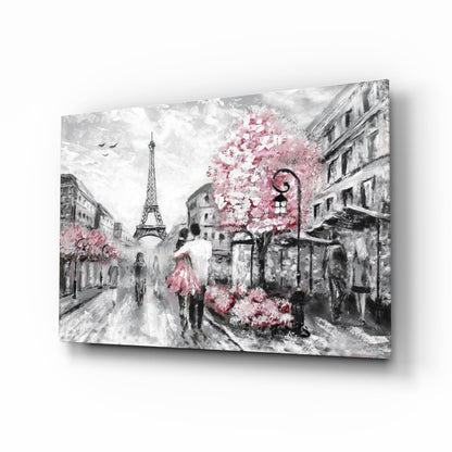 Gray Paris Street Pink Umbrella Couple Glass Wall Art