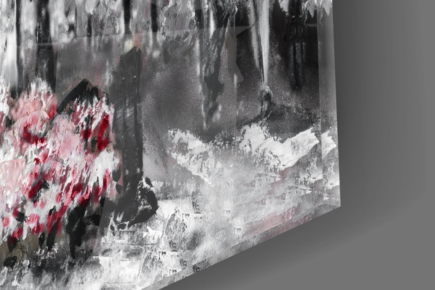 Gray Paris Street Pink Umbrella Couple Glass Wall Art
