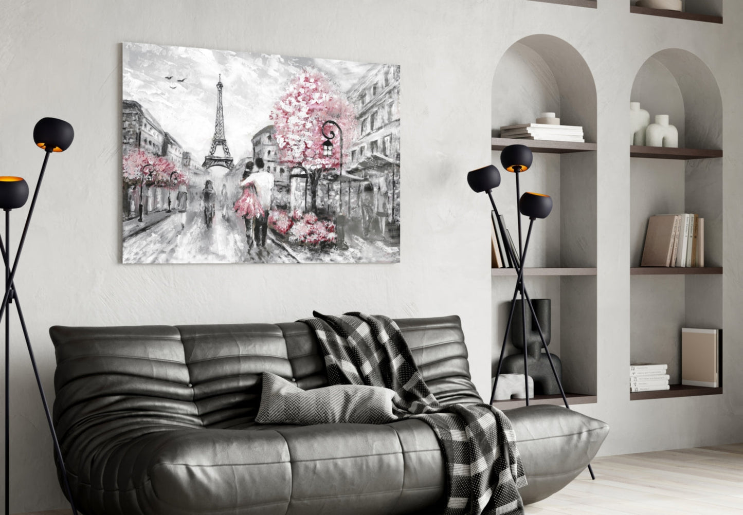Gray Paris Street Pink Umbrella Couple Glass Wall Art