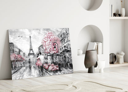 Gray Paris Street Pink Umbrella Couple Glass Wall Art