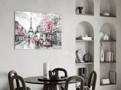 Gray Paris Street Pink Umbrella Couple Glass Wall Art