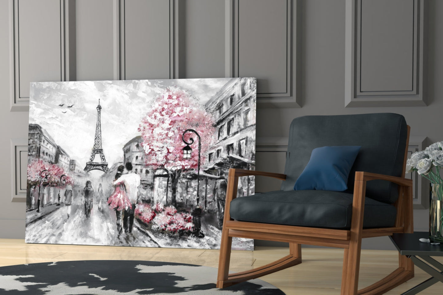 Gray Paris Street Pink Umbrella Couple Glass Wall Art