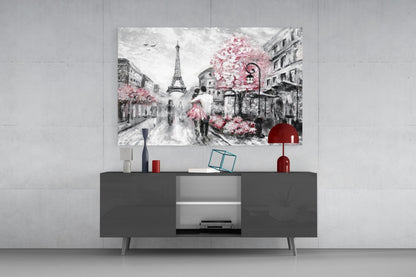 Gray Paris Street Pink Umbrella Couple Glass Wall Art