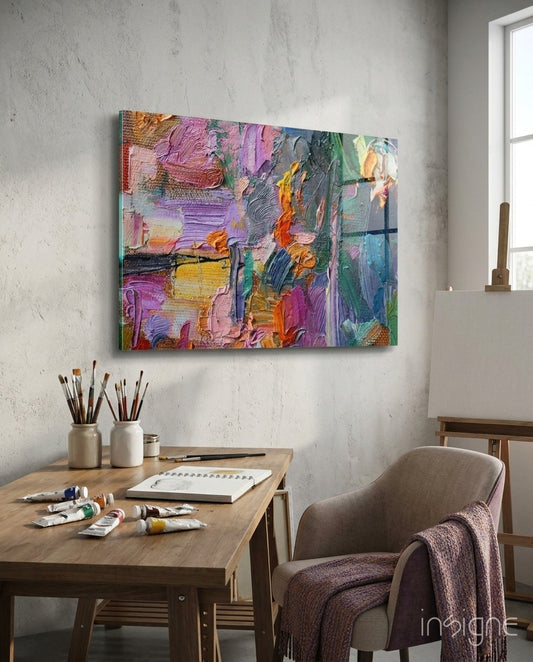 Vibrant multicolored impasto glass art hanging above wooden desk with art supplies and chair in studio setting.