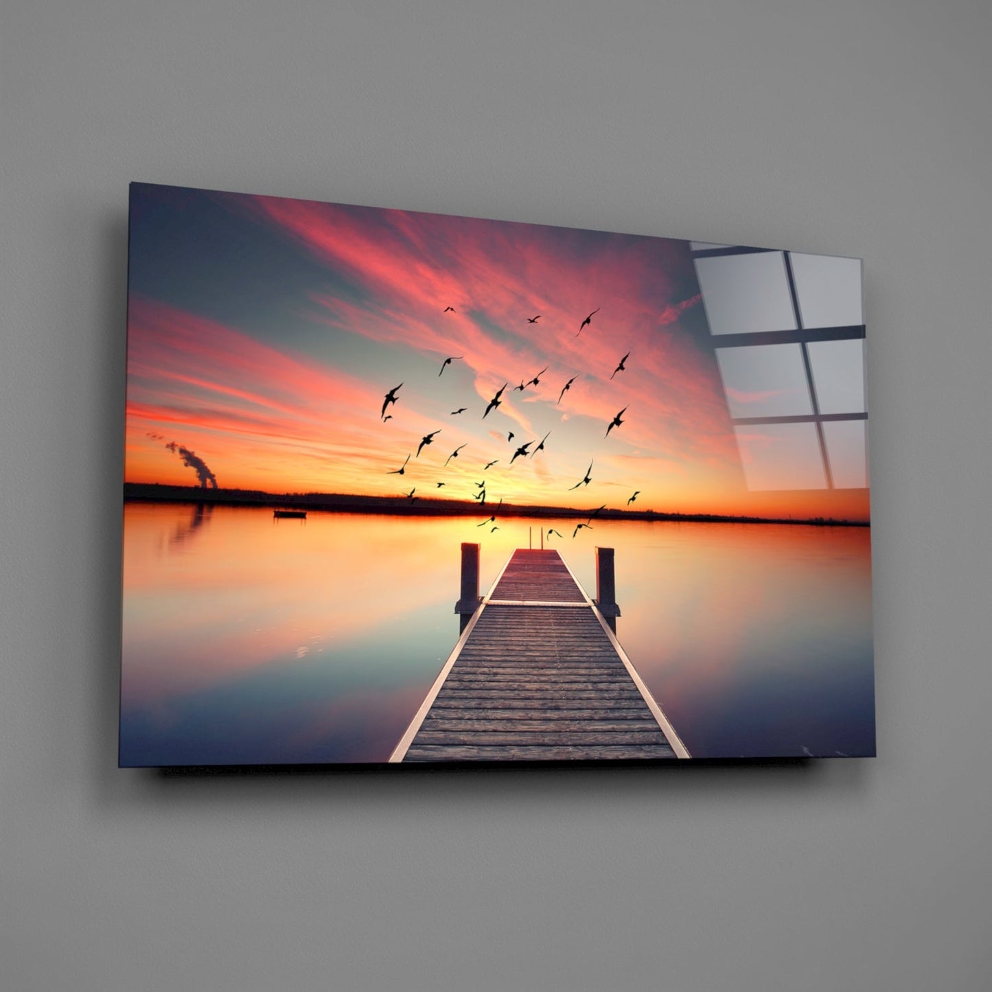 Rustic Pier Bird Flock Sunset Glass Wall Art