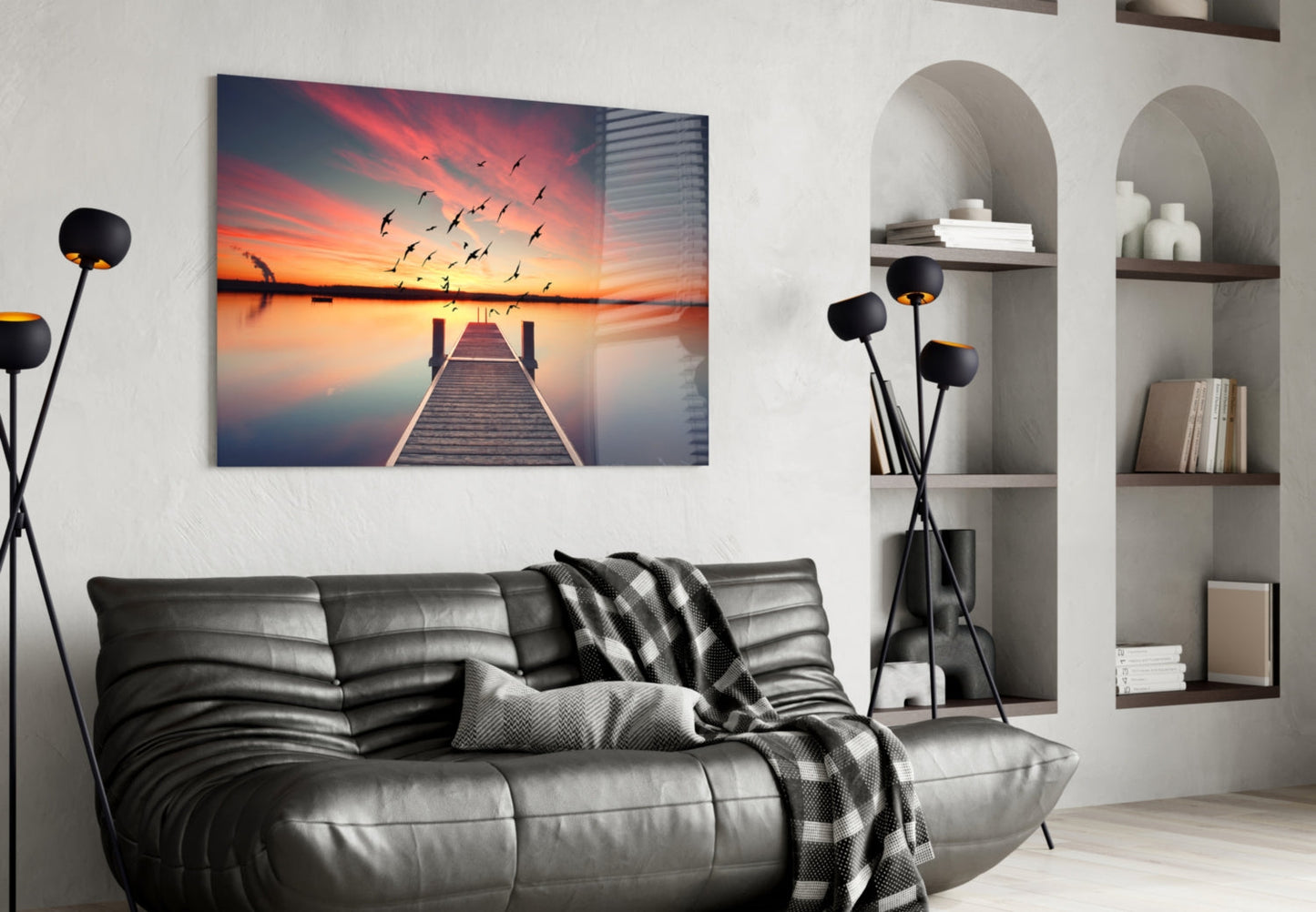 Rustic Pier Bird Flock Sunset Glass Wall Art