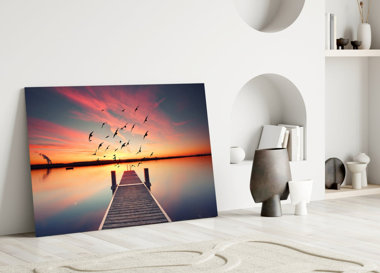 Rustic Pier Bird Flock Sunset Glass Wall Art