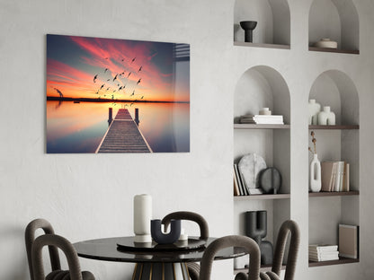 Rustic Pier Bird Flock Sunset Glass Wall Art