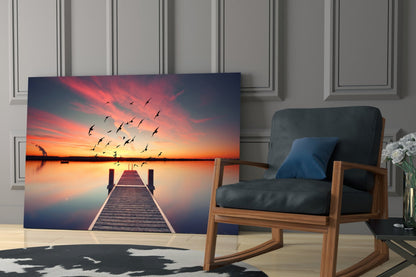 Rustic Pier Bird Flock Sunset Glass Wall Art