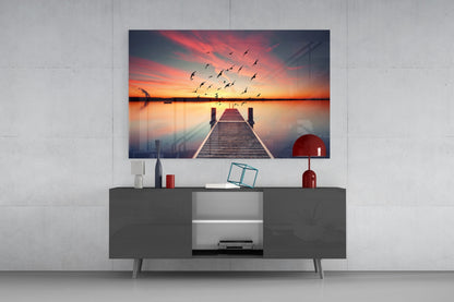 Rustic Pier Bird Flock Sunset Glass Wall Art