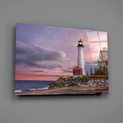 Autumn Tree Shoreline Lighthouse Glass Wall Art