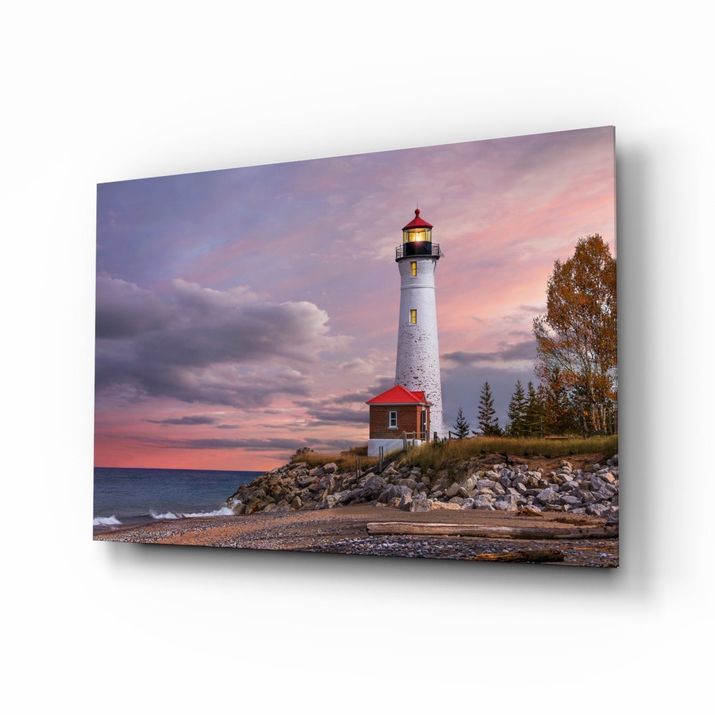 Autumn Tree Shoreline Lighthouse Glass Wall Art