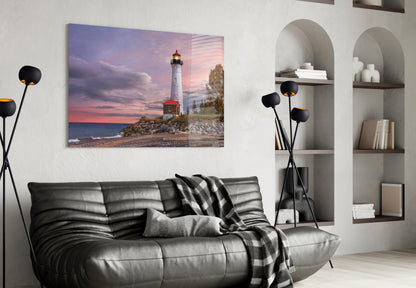 Autumn Tree Shoreline Lighthouse Glass Wall Art