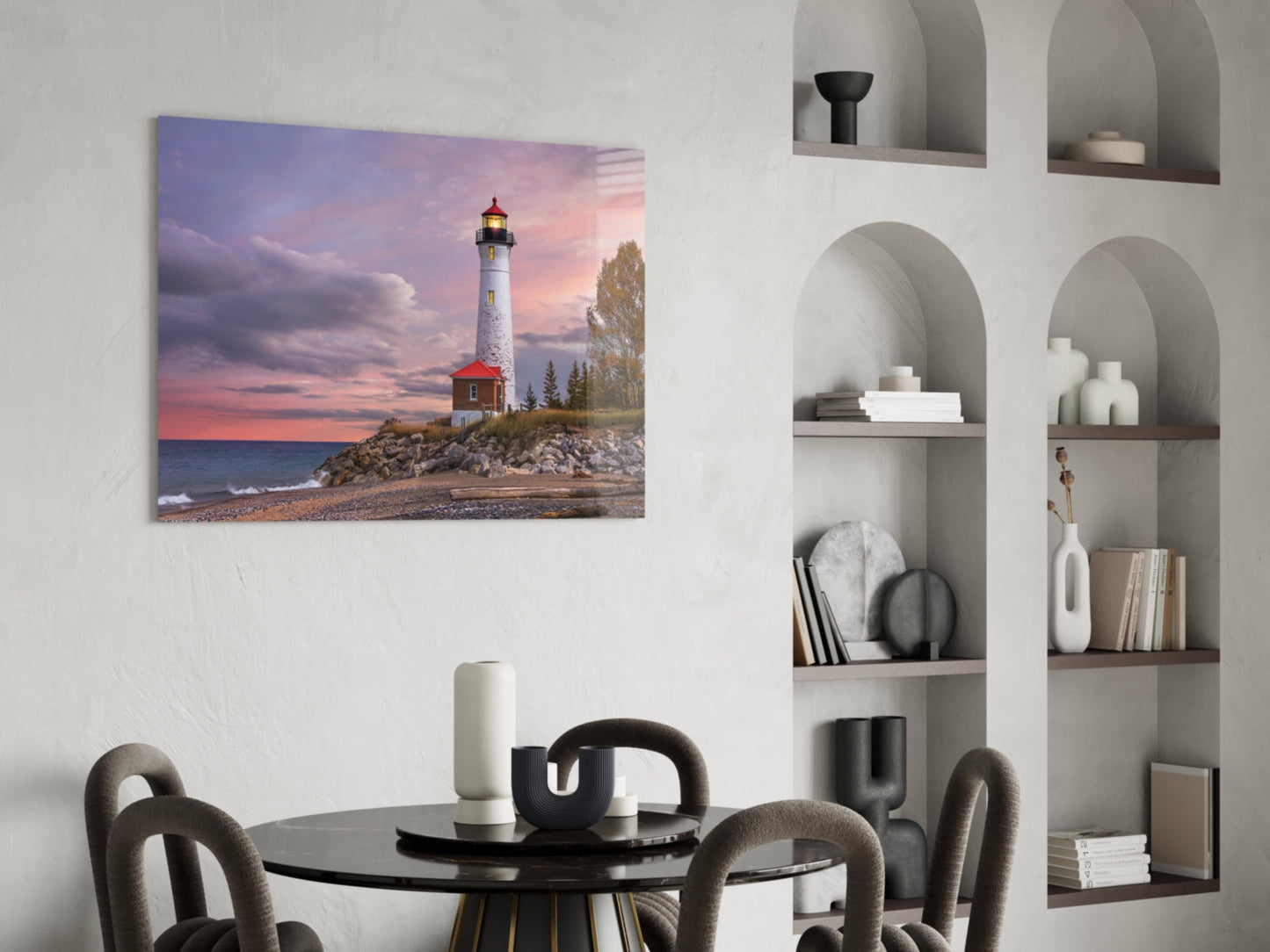 Autumn Tree Shoreline Lighthouse Glass Wall Art