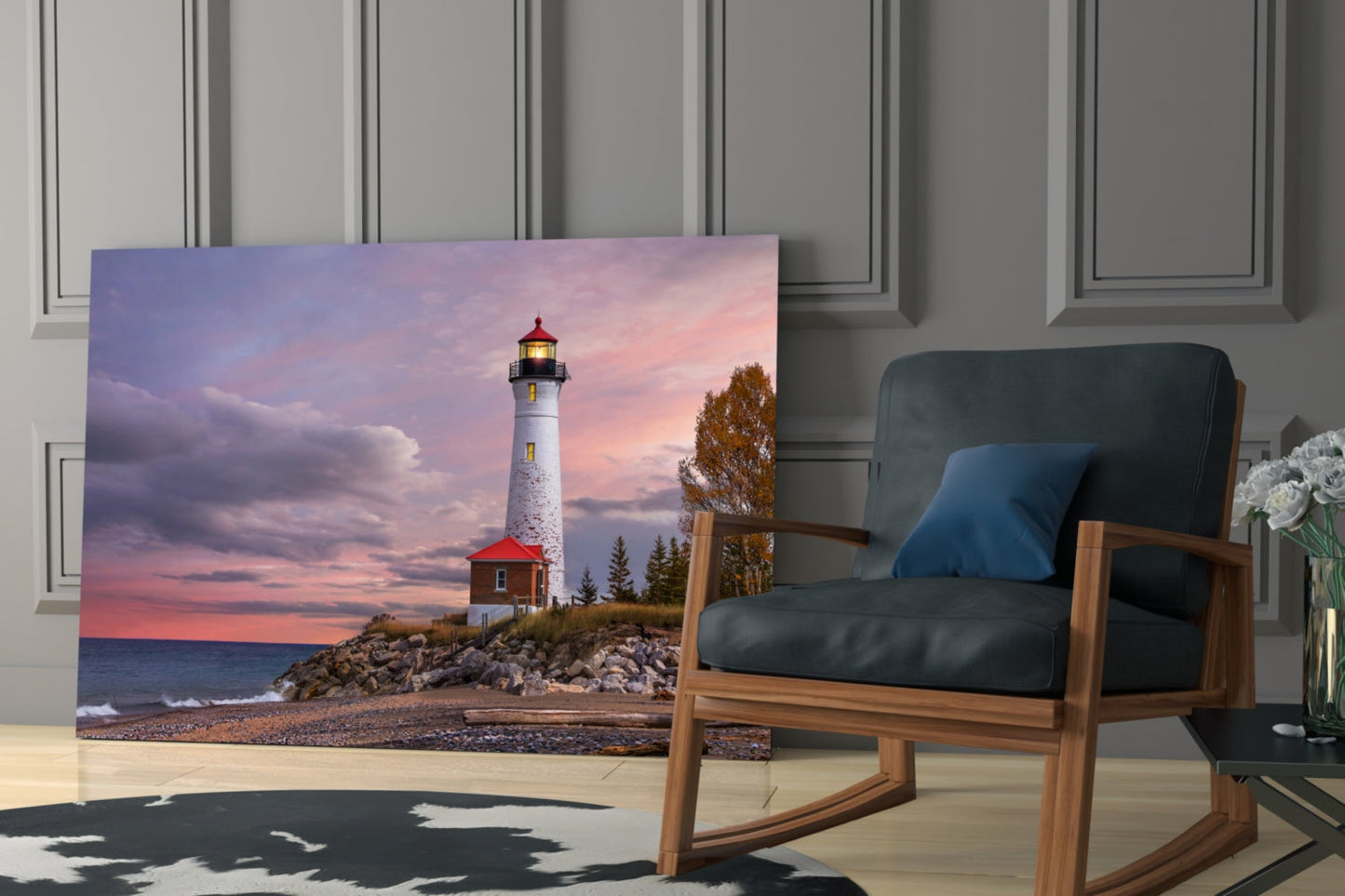 Autumn Tree Shoreline Lighthouse Glass Wall Art