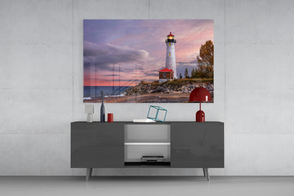 Autumn Tree Shoreline Lighthouse Glass Wall Art