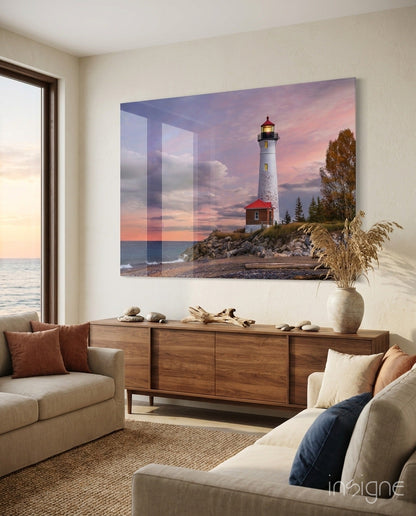 Autumn Tree Shoreline Lighthouse Glass Wall Art