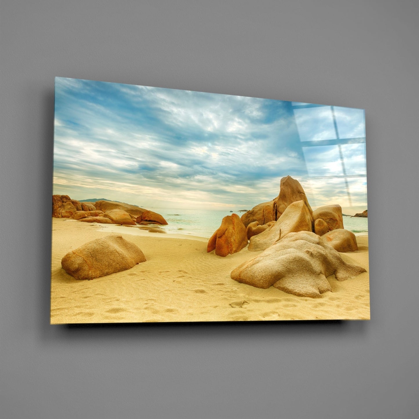 Wide Rocky Shore Blue Sky Beach Glass Wall Art