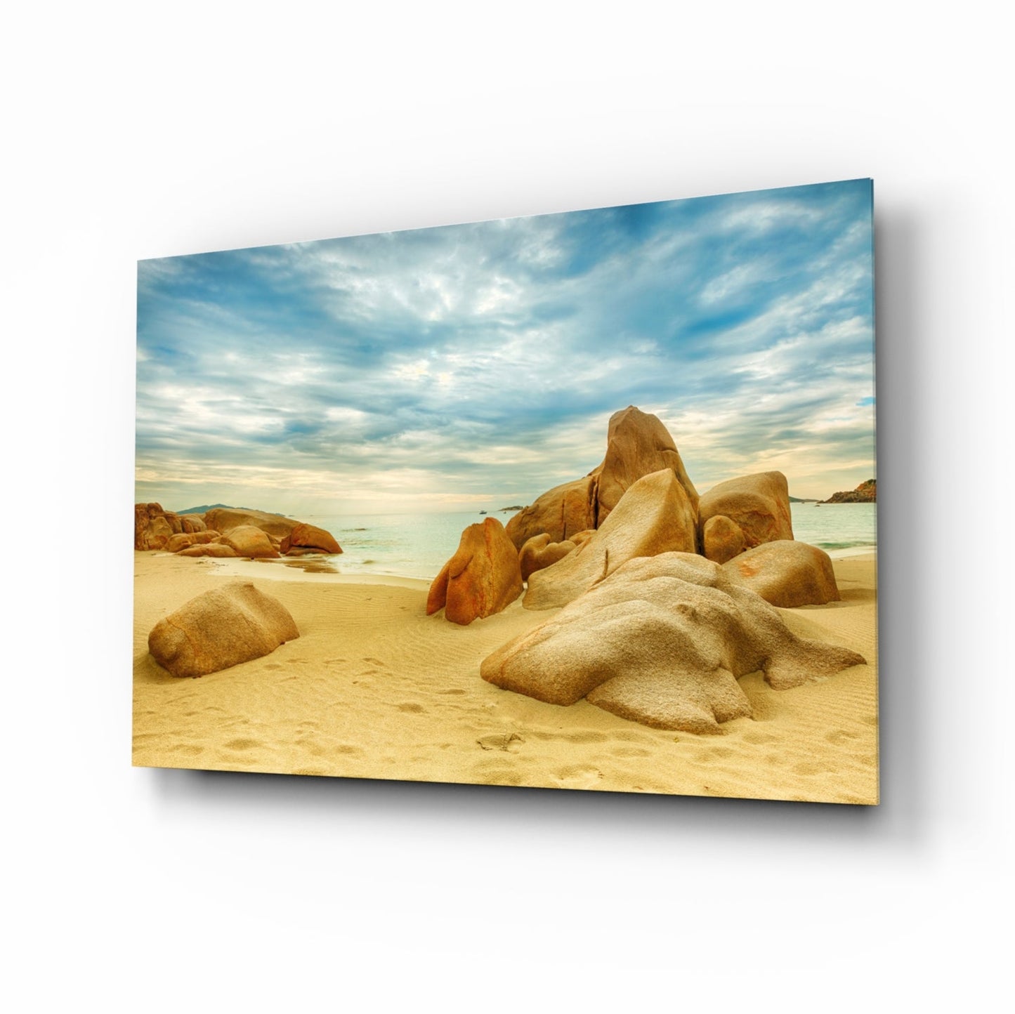 Wide Rocky Shore Blue Sky Beach Glass Wall Art