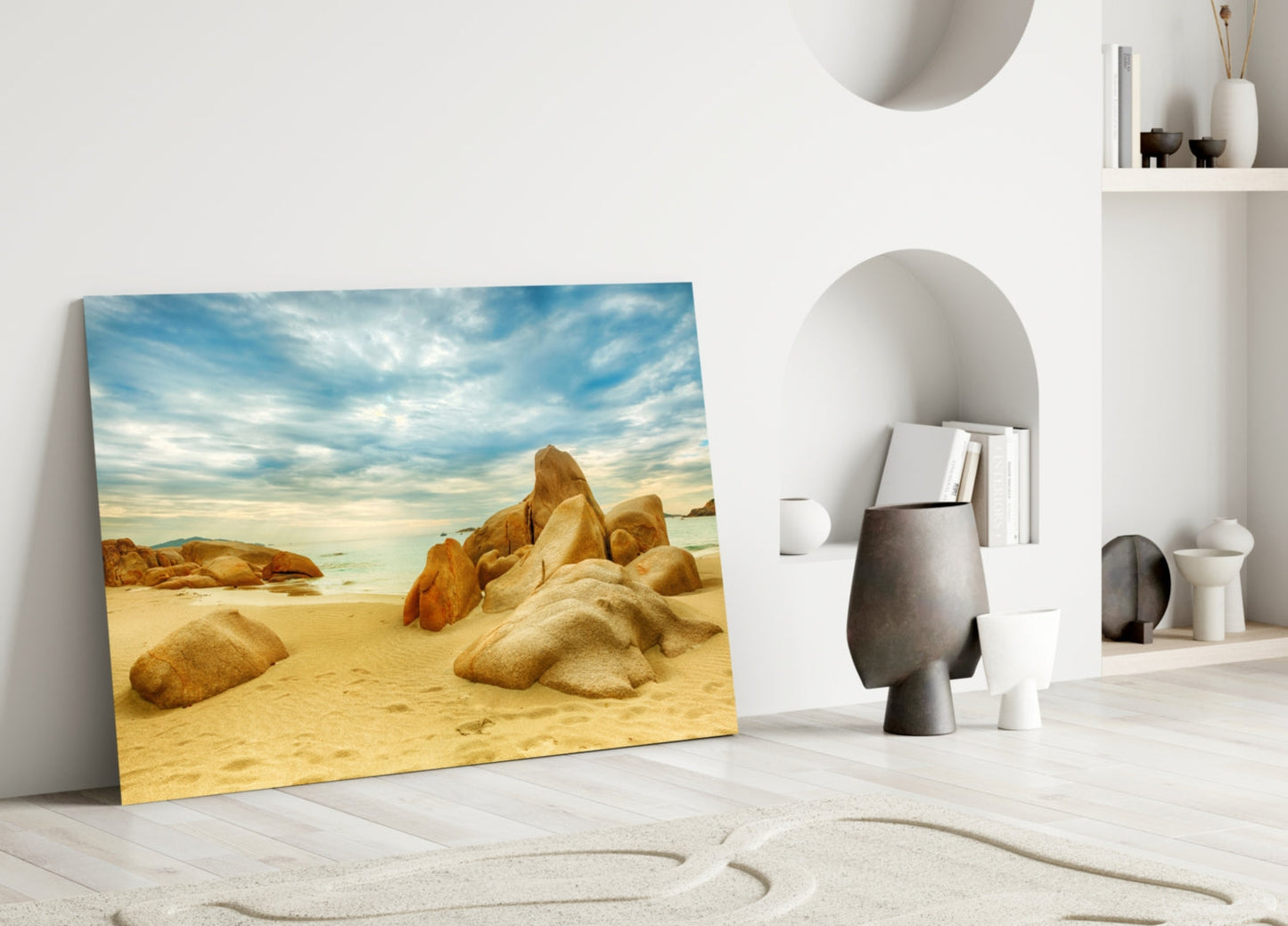 Wide Rocky Shore Blue Sky Beach Glass Wall Art