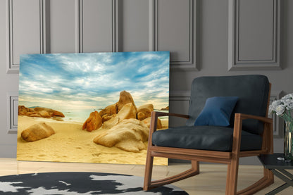 Wide Rocky Shore Blue Sky Beach Glass Wall Art