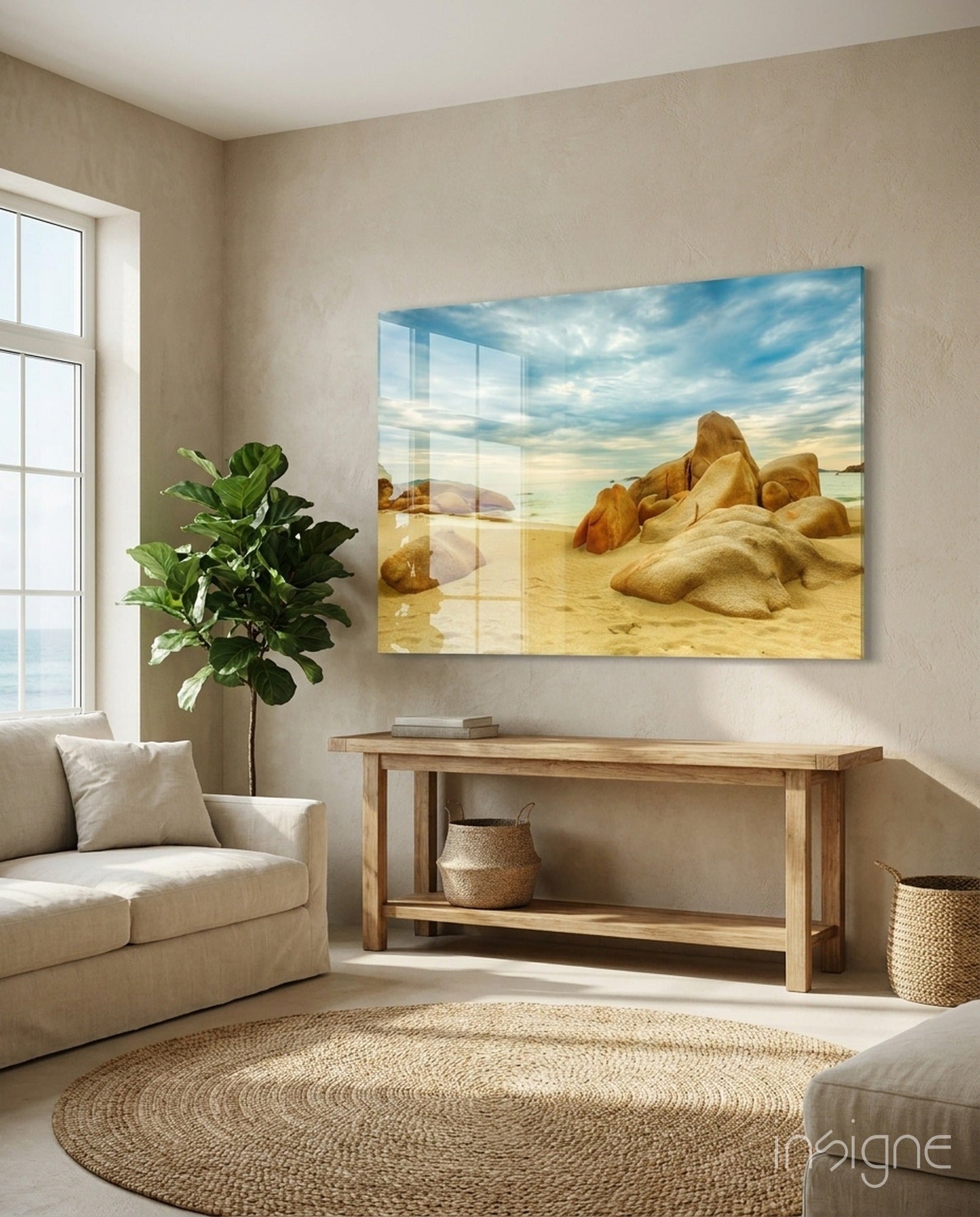 Wide Rocky Shore Blue Sky Beach Glass Wall Art