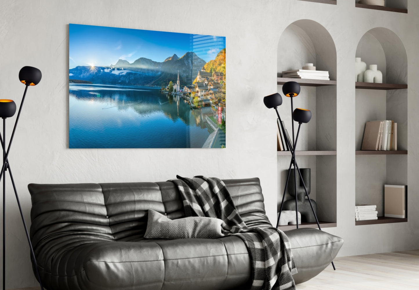 Alpine Lakeside Village Glass Wall Art