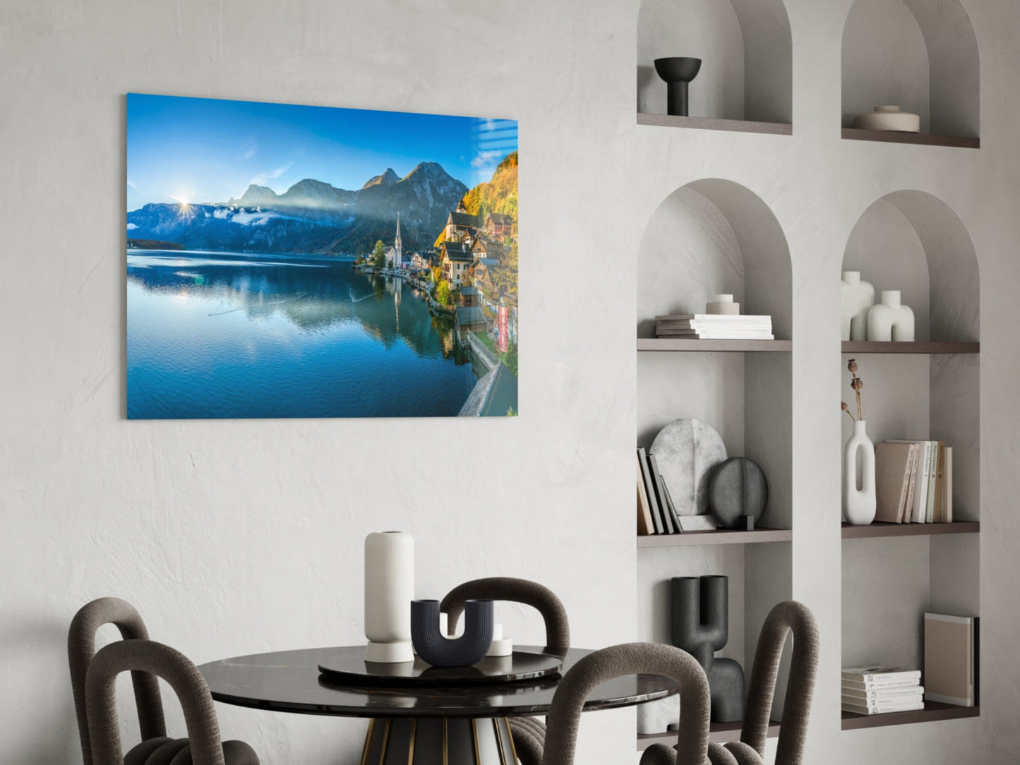 Alpine Lakeside Village Glass Wall Art