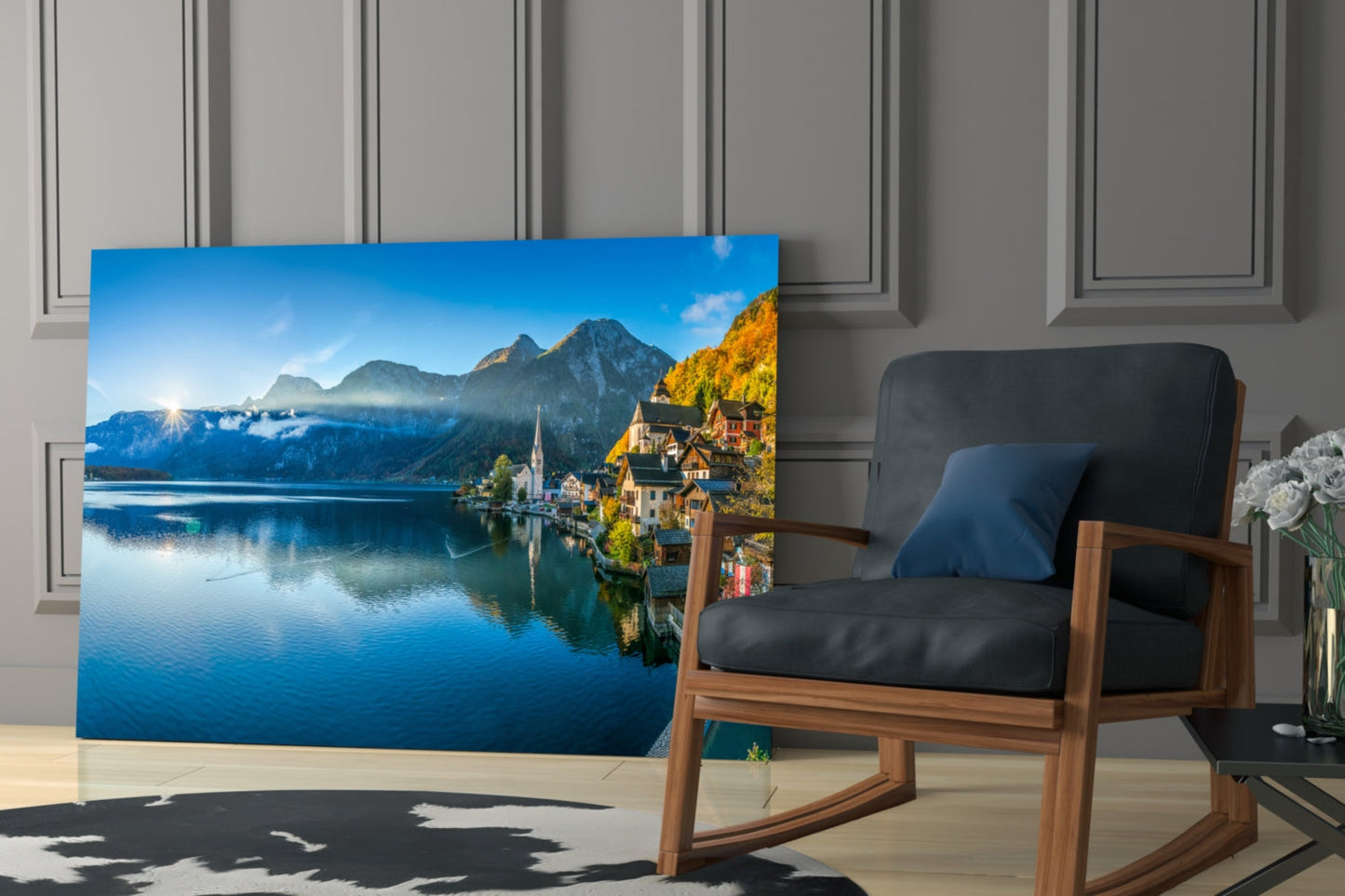 Alpine Lakeside Village Glass Wall Art