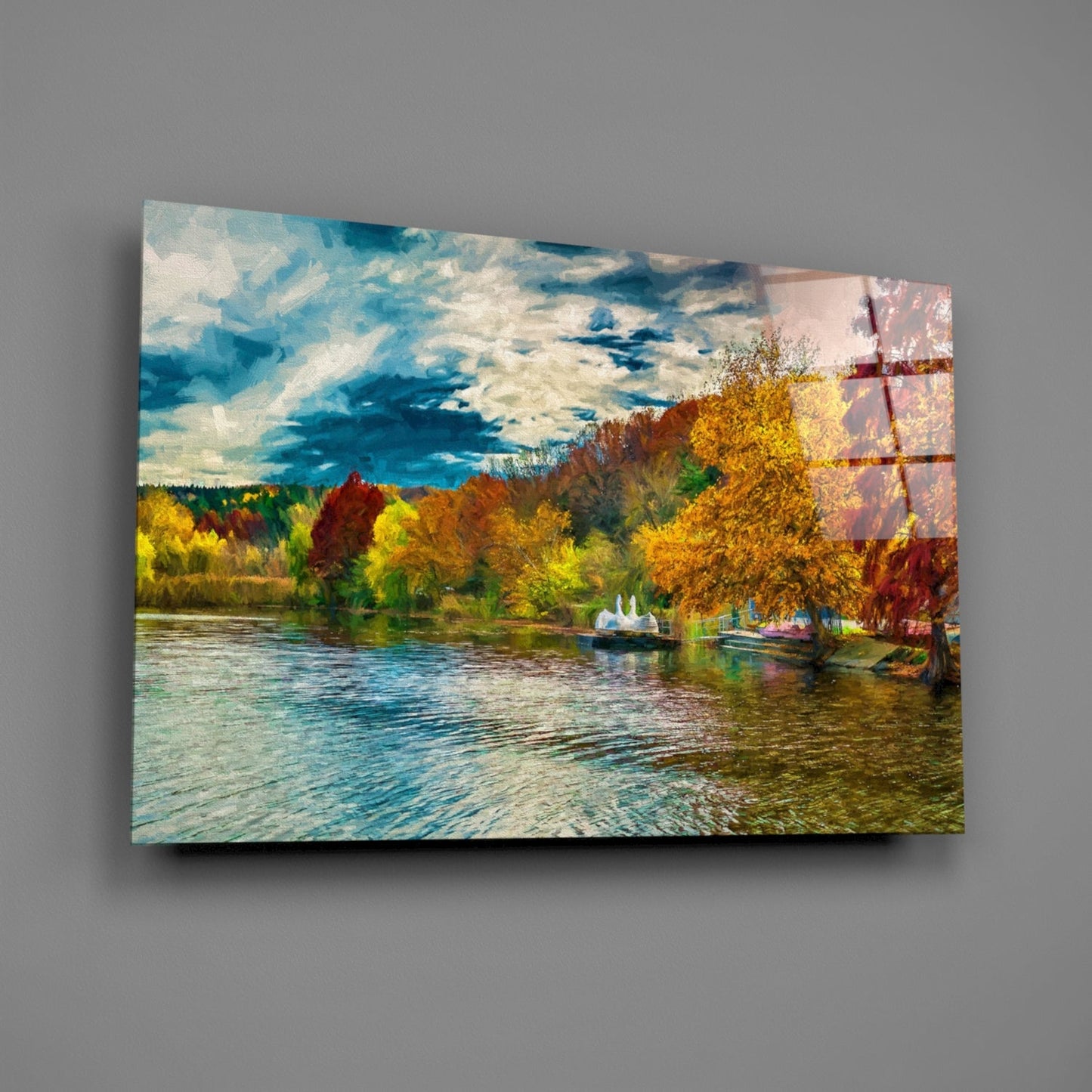 Golden Autumn Lakeside Painting Glass Wall Art